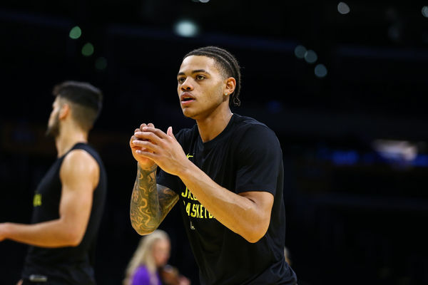 LOS ANGELES, CA - NOVEMBER 21: Utah Jazz guard Keyonte George (3) waits for the ball during the Utah Jazz vs Los Angeles Lakers game on November 21, 2023, at Crypto.com Arena in Los Angeles, CA. (Photo by Jevone Moore/Icon Sportswire)