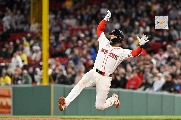 Apr 6, 2025; Boston, Massachusetts, USA; Boston Red Sox catcher Carlos Narvaez (75) slides into second base against the St. Louis Cardinals during the sixth inning at Fenway Park. Credit: Eric Canha-Imagn Images