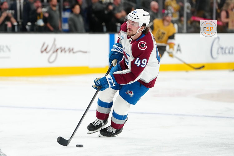 Dec 27, 2025; Las Vegas, Nevada, USA; Colorado Avalanche defenseman Samuel Girard (49) warms up before a game against the Vegas Golden Knights at T-Mobile Arena. Credit: Stephen R. Sylvanie-Imagn Images
