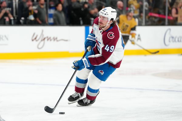 Dec 27, 2025; Las Vegas, Nevada, USA; Colorado Avalanche defenseman Samuel Girard (49) warms up before a game against the Vegas Golden Knights at T-Mobile Arena. Mandatory Credit: Stephen R. Sylvanie-Imagn Images