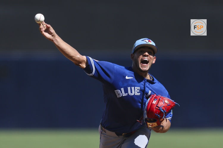 Feb 28, 2026; Tampa, Florida, USA; Toronto Blue Jays starting pitcher Jose Berrios (17) throws a pitch against the New York Yankees in the second inning during spring training at George M. Steinbrenner Field. Credit: Nathan Ray Seebeck-Imagn Images