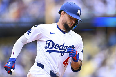 Apr 27, 2025; Los Angeles, California, USA; Los Angeles Dodgers outfielder Andy Pages (44) rounds the bases after hitting a two-run home run against the Pittsburgh Pirates during the fifth inning at Dodger Stadium. Mandatory Credit: Jonathan Hui-Imagn Images