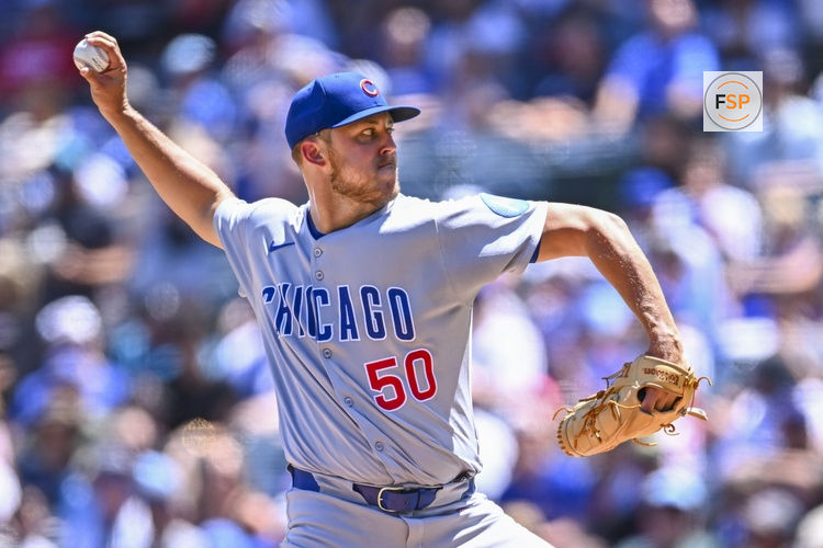 Aug 24, 2025; Anaheim, California, USA; Chicago Cubs starting pitcher Jameson Taillon (50) throws a pitch against the Los Angeles Angels during the first inning at Angel Stadium. Credit: Jonathan Hui-Imagn Images