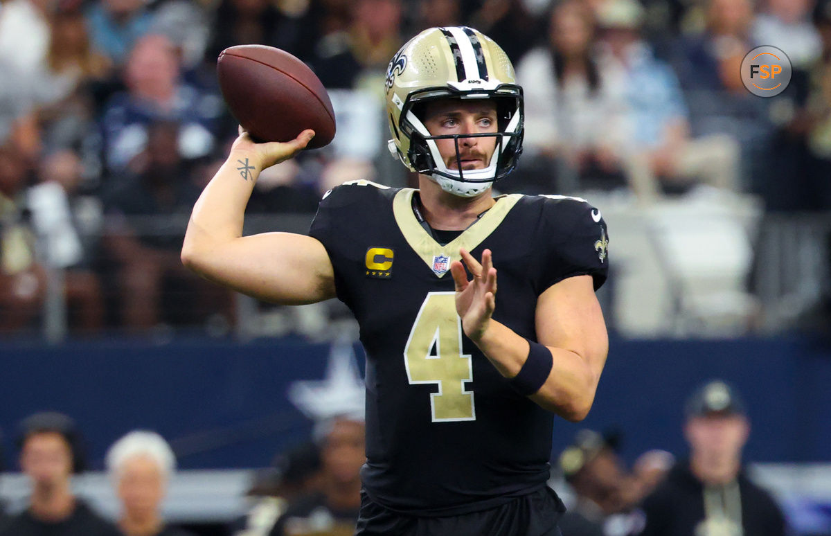 Sep 15, 2024; Arlington, Texas, USA;  New Orleans Saints quarterback Derek Carr (4) throws during the first half against the Dallas Cowboys at AT&T Stadium. Credit: Kevin Jairaj-Imagn Images