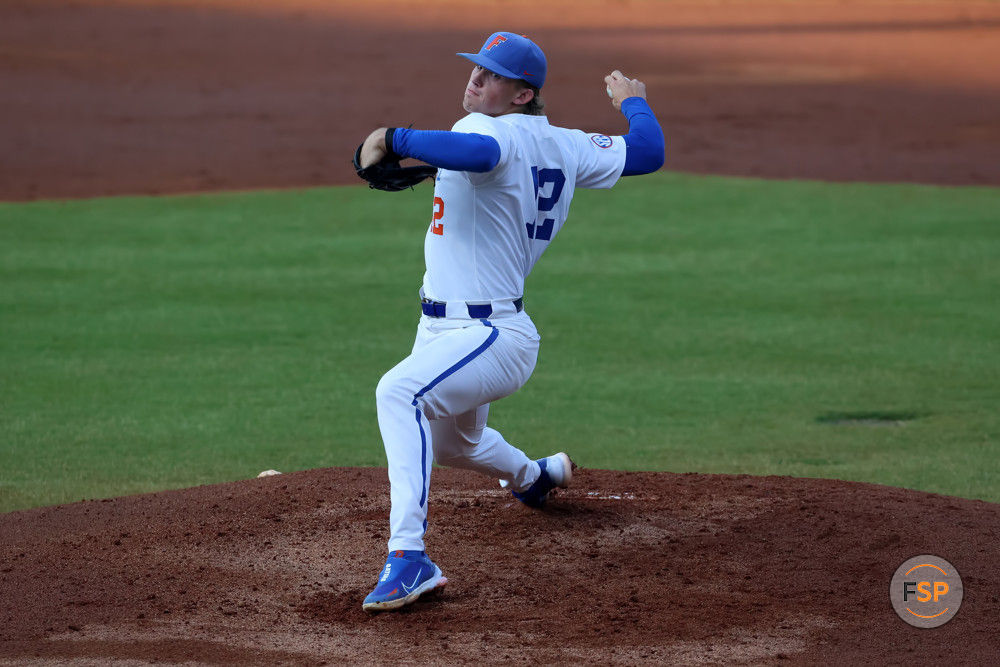 HOOVER, AL - MAY 24: Florida Gators pitcher Hurston Waldrep (12) during the 2023 SEC Baseball Tournament game between the Alabama Crimson Tide and the Florida Gators on May 24, 2023 at Hoover Metropolitan Stadium in Hoover, Alabama.  (Photo by Michael Wade/Icon Sportswire)