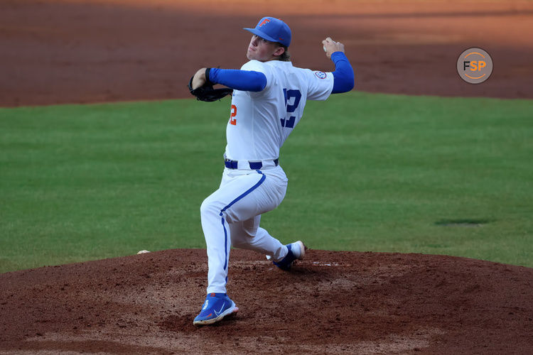 HOOVER, AL - MAY 24: Florida Gators pitcher Hurston Waldrep (12) during the 2023 SEC Baseball Tournament game between the Alabama Crimson Tide and the Florida Gators on May 24, 2023 at Hoover Metropolitan Stadium in Hoover, Alabama.  (Photo by Michael Wade/Icon Sportswire)