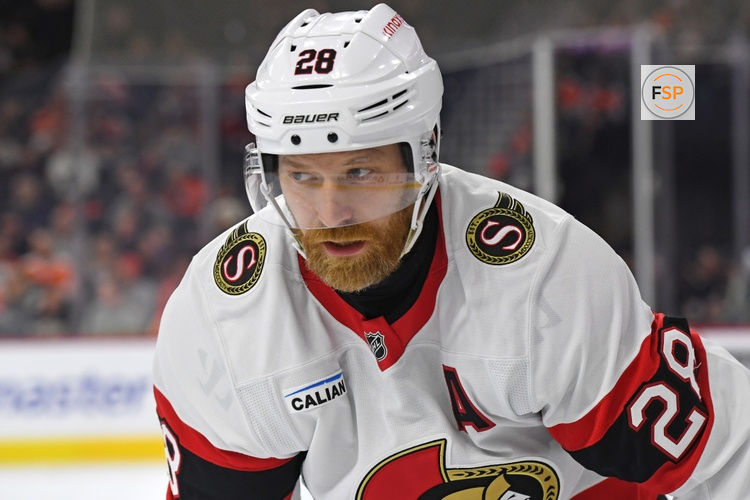 Mar 11, 2025; Philadelphia, Pennsylvania, USA; Ottawa Senators right wing Claude Giroux (28) against the Philadelphia Flyers during the first period at Wells Fargo Center. Credit: Eric Hartline-Imagn Images