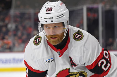 Mar 11, 2025; Philadelphia, Pennsylvania, USA; Ottawa Senators right wing Claude Giroux (28) against the Philadelphia Flyers during the first period at Wells Fargo Center. Mandatory Credit: Eric Hartline-Imagn Images