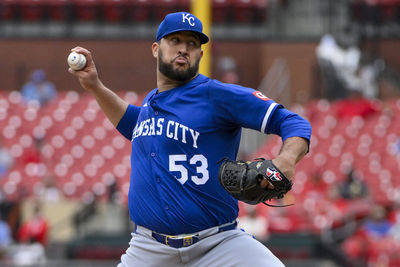 Jun 5, 2025; St. Louis, Missouri, USA;  Kansas City Royals relief pitcher Carlos Estevez (53) pitches against the St. Louis Cardinals during the tenth inning at Busch Stadium. Mandatory Credit: Jeff Curry-Imagn Images