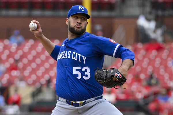 Jun 5, 2025; St. Louis, Missouri, USA;  Kansas City Royals relief pitcher Carlos Estevez (53) pitches against the St. Louis Cardinals during the tenth inning at Busch Stadium. Mandatory Credit: Jeff Curry-Imagn Images