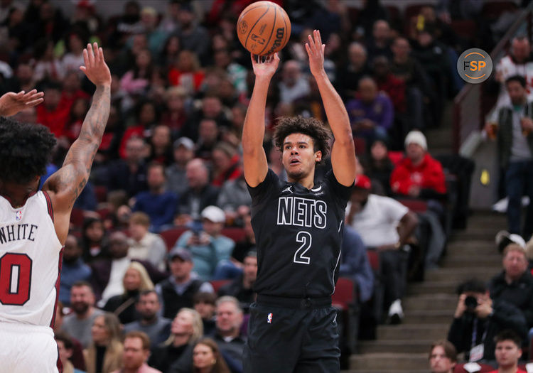 CHICAGO, IL - FEBRUARY 24: Brooklyn Nets Forward Cameron Johnson (2) shoots a 3-point basket during a NBA game between the Brooklyn  Nets and the Chicago Bulls on February 24, 2023 at the United Center in Chicago, IL. (Photo by Melissa Tamez/Icon Sportswire)