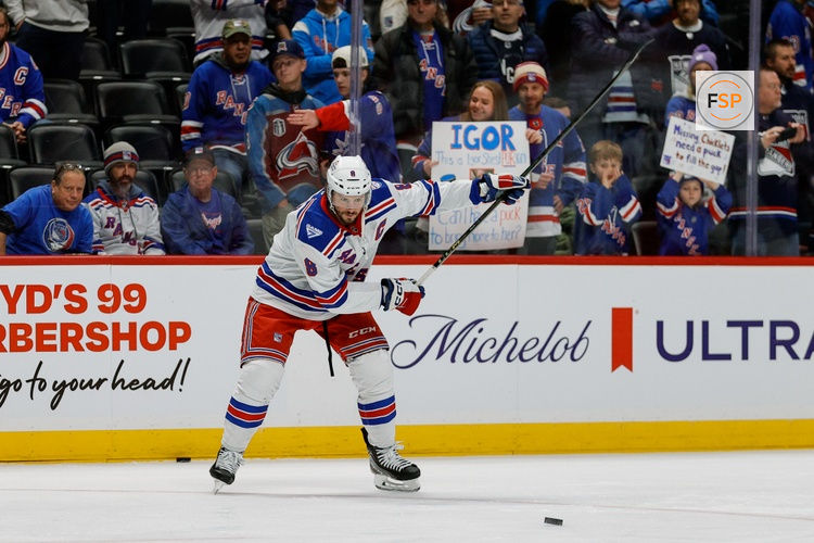 Nov 20, 2025; Denver, Colorado, USA; New York Rangers center J.T. Miller (8) before the game against the Colorado Avalanche at Ball Arena. Credit: Isaiah J. Downing-Imagn Images