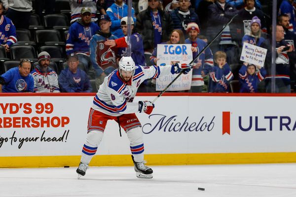 Nov 20, 2025; Denver, Colorado, USA; New York Rangers center J.T. Miller (8) before the game against the Colorado Avalanche at Ball Arena. Mandatory Credit: Isaiah J. Downing-Imagn Images