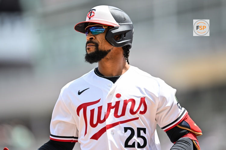 Jun 28, 2026; Minneapolis, Minnesota, USA; Minnesota Twins designated hitter Byron Buxton (25) looks on against the Colorado Rockies during the fourth inning at Target Field. Credit: Jeffrey Becker-Imagn Images