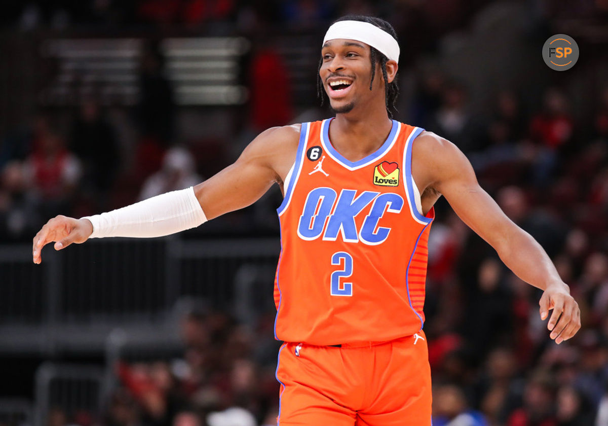 CHICAGO, IL - JANUARY 13: Oklahoma City Thunder Guard Shai Gilgeous-Alexander (2) reacts to a play during a NBA game between the Oklahoma City Thunder and the Chicago Bulls on January 13, 2023 at the United Center in Chicago, IL. (Photo by Melissa Tamez/Icon Sportswire)