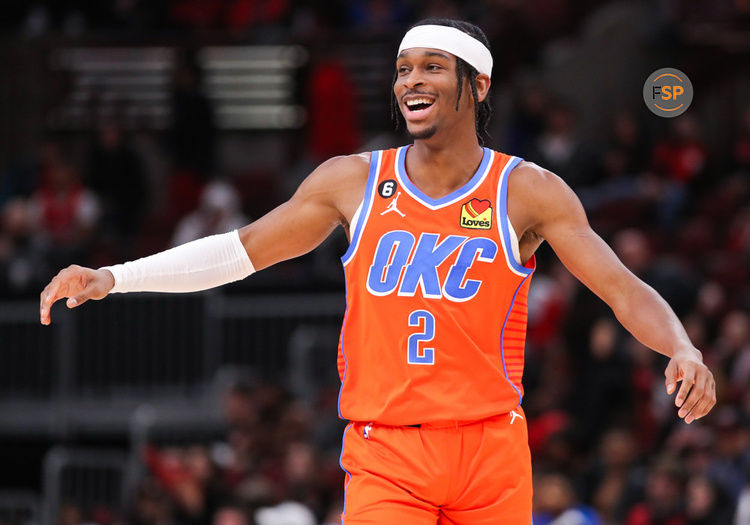 CHICAGO, IL - JANUARY 13: Oklahoma City Thunder Guard Shai Gilgeous-Alexander (2) reacts to a play during a NBA game between the Oklahoma City Thunder and the Chicago Bulls on January 13, 2023 at the United Center in Chicago, IL. (Photo by Melissa Tamez/Icon Sportswire)