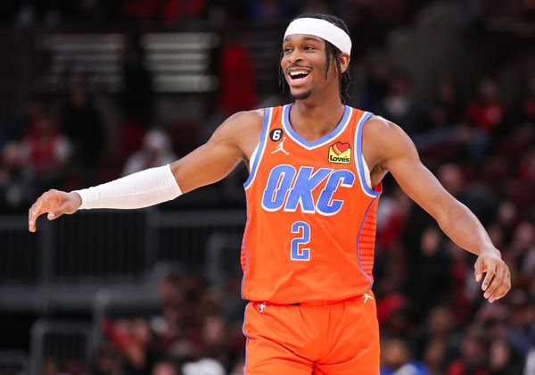 CHICAGO, IL - JANUARY 13: Oklahoma City Thunder Guard Shai Gilgeous-Alexander (2) reacts to a play during a NBA game between the Oklahoma City Thunder and the Chicago Bulls on January 13, 2023 at the United Center in Chicago, IL. (Photo by Melissa Tamez/Icon Sportswire)