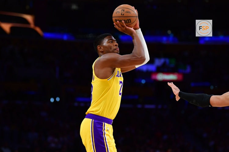 Mar 12, 2026; Los Angeles, California, USA; Los Angeles Lakers forward Rui Hachimura (28) shoots against the Chicago Bulls during the first half at Crypto.com Arena. Credit: Gary A. Vasquez-Imagn Images
