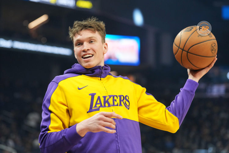 Jan 25, 2025; San Francisco, California, USA; Los Angeles Lakers guard Dalton Knecht (4) before the game against the Golden State Warriors at Chase Center. Credit: Darren Yamashita-Imagn Images