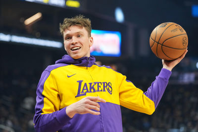 Jan 25, 2025; San Francisco, California, USA; Los Angeles Lakers guard Dalton Knecht (4) before the game against the Golden State Warriors at Chase Center. Mandatory Credit: Darren Yamashita-Imagn Images