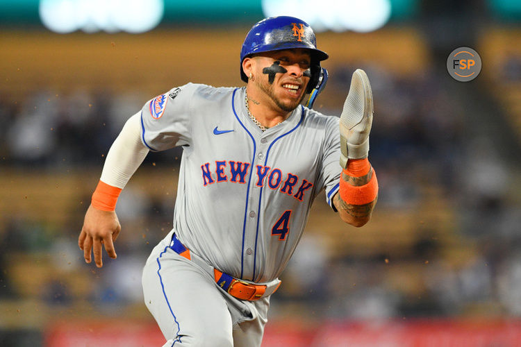 LOS ANGELES, CA - APRIL 19: New York Mets catcher Francisco Alvarez (4) hustles to score a run during the MLB game between the New York Mets and the Los Angeles Dodgers on April 19, 2024 at Dodger Stadium in Los Angeles, CA. (Photo by Brian Rothmuller/Icon Sportswire)