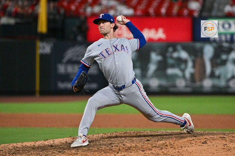 Jun 1, 2026; St. Louis, Missouri, USA; Texas Rangers pitcher Jacob Latz (67) pitches against the St. Louis Cardinals during the ninth inning at Busch Stadium. Credit: Jeff Curry-Imagn Images