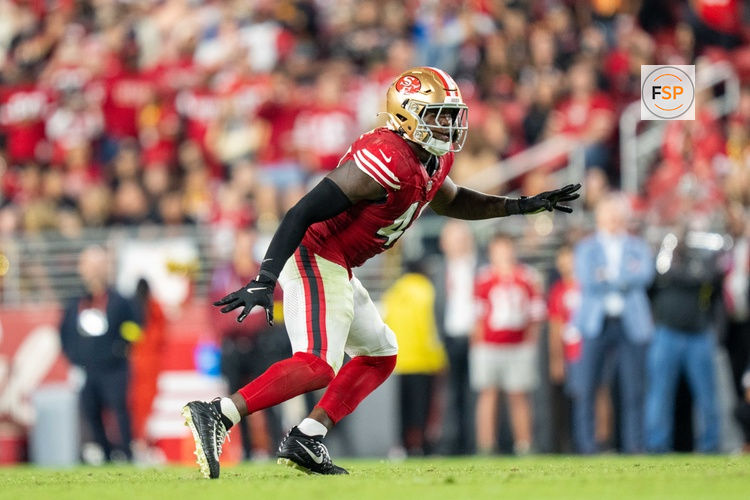 October 19, 2025; Santa Clara, California, USA; San Francisco 49ers linebacker Tatum Bethune (48) during the fourth quarter against the Atlanta Falcons at Levi's Stadium. Credit: Kyle Terada-Imagn Images