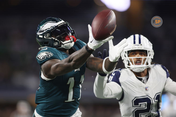 Dec 10, 2023; Arlington, Texas, USA; Philadelphia Eagles wide receiver A.J. Brown (11) cannot catch a pass in the first quarter against the Dallas Cowboys  at AT&T Stadium. Credit: Tim Heitman-USA TODAY Sports