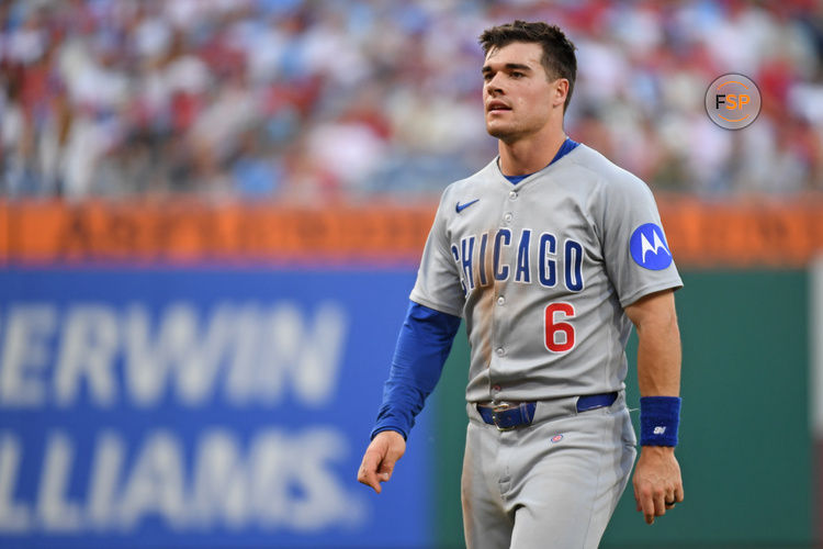 Jun 10, 2025; Philadelphia, Pennsylvania, USA; Chicago Cubs third base Matt Shaw (6) against the Philadelphia Phillies at Citizens Bank Park. Credit: Eric Hartline-Imagn Images