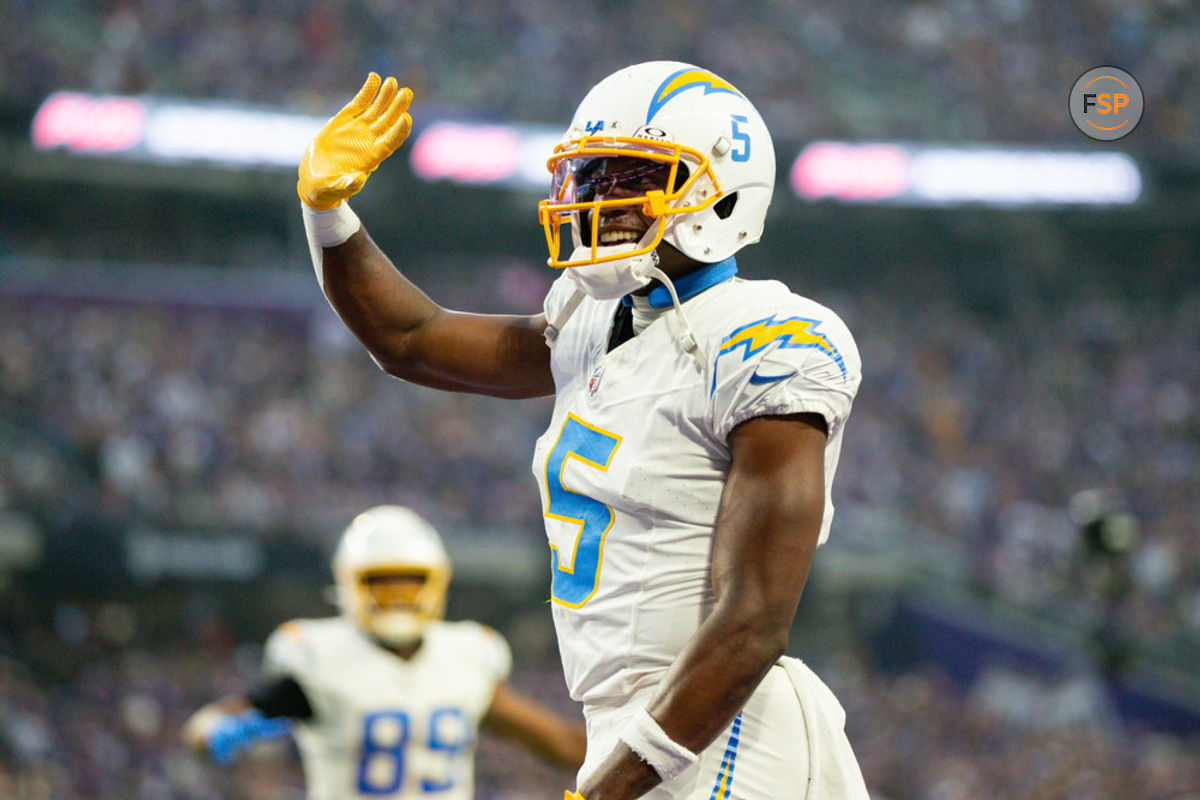 MINNEAPOLIS, MN - SEPTEMBER 24: Los Angeles Chargers wide receiver Joshua Palmer (5) celebrates a touchdown during the NFL game between the Los Angles Chargers and the Minnesota Vikings on September 24th, 2023, at U.S. Bank Stadium in Minneapolis, MN. (Photo by Bailey Hillesheim/Icon Sportswire)