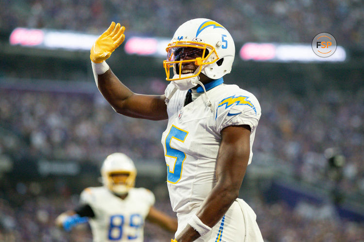 MINNEAPOLIS, MN - SEPTEMBER 24: Los Angeles Chargers wide receiver Joshua Palmer (5) celebrates a touchdown during the NFL game between the Los Angles Chargers and the Minnesota Vikings on September 24th, 2023, at U.S. Bank Stadium in Minneapolis, MN. (Photo by Bailey Hillesheim/Icon Sportswire)