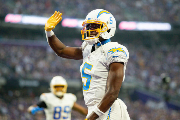 MINNEAPOLIS, MN - SEPTEMBER 24: Los Angeles Chargers wide receiver Joshua Palmer (5) celebrates a touchdown during the NFL game between the Los Angles Chargers and the Minnesota Vikings on September 24th, 2023, at U.S. Bank Stadium in Minneapolis, MN. (Photo by Bailey Hillesheim/Icon Sportswire)