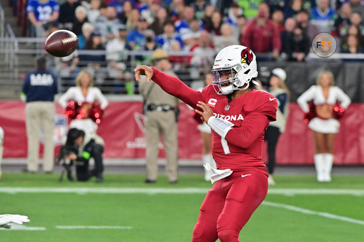 Jan 7, 2024; Glendale, Arizona, USA; Arizona Cardinals quarterback Kyler Murray (1) throws in the first half against the Seattle Seahawks at State Farm Stadium. Credit: Matt Kartozian-USA TODAY Sports