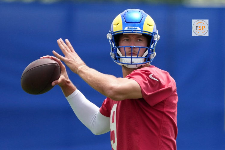 Jun 3, 2025; Woodland Hills, CA, USA; Los Angeles Rams quarterback Matthew Stafford (9) throws the ball during organized team activities at Rams Practice Facility. Credit: Kirby Lee-Imagn Images