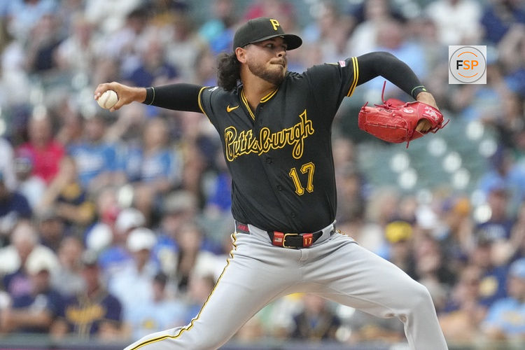 Aug 4, 2026; Milwaukee, Wisconsin, USA; Pittsburgh Pirates starting pitcher Jared Jones (17) delivers a pitch against the Milwaukee Brewers in the first inning at American Family Field. Credit: Michael McLoone-Imagn Images