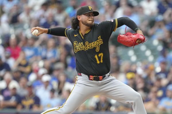 Aug 4, 2026; Milwaukee, Wisconsin, USA; Pittsburgh Pirates starting pitcher Jared Jones (17) delivers a pitch against the Milwaukee Brewers in the first inning at American Family Field. Mandatory Credit: Michael McLoone-Imagn Images