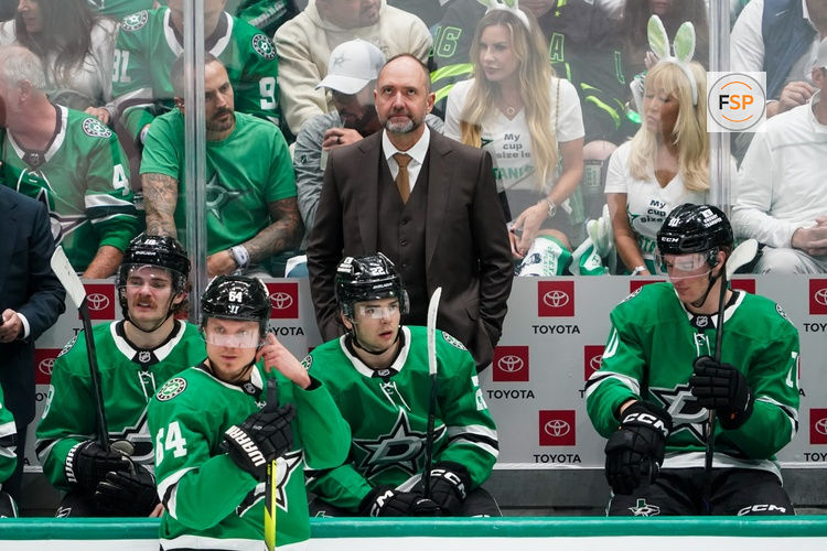 Apr 19, 2025; Dallas, Texas, USA; Dallas Stars head coach Peter DeBoer on the bench during the second period in game one of the first round of the 2025 Stanley Cup Playoffs against the Colorado Avalanche at American Airlines Center. Credit: Raymond Carlin III-Imagn Images