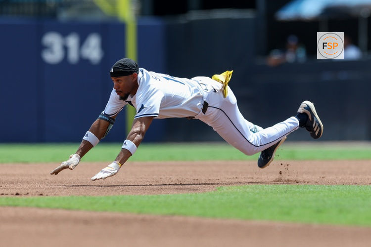 Sep 18, 2025; Tampa, Florida, USA; Tampa Bay Rays center fielder Chandler Simpson (14) slides into second base on a double against the Toronto Blue Jays in the first inning at George M. Steinbrenner Field. Credit: Nathan Ray Seebeck-Imagn Images
