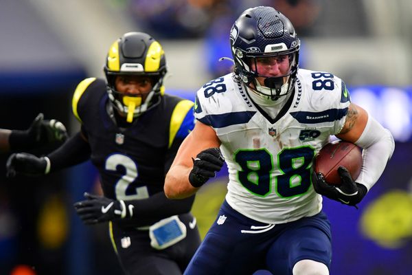 Nov 16, 2025; Inglewood, California, USA; Seattle Seahawks tight end AJ Barner (88) runs with the ball during the second half against the Los Angeles Rams at SoFi Stadium. Mandatory Credit: Gary A. Vasquez-Imagn Images