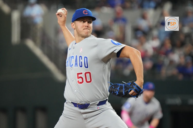 May 10, 2026; Arlington, Texas, USA;  Chicago Cubs pitcher Jameson Taillon (50) throws to the plate during the first inning against the Texas Rangers at Globe Life Field. Credit: Raymond Carlin III-Imagn Images