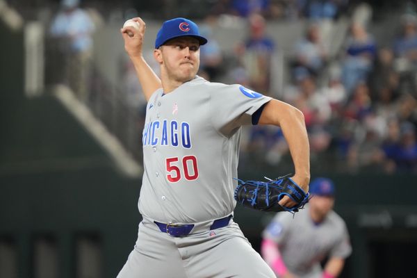May 10, 2026; Arlington, Texas, USA;  Chicago Cubs pitcher Jameson Taillon (50) throws to the plate during the first inning against the Texas Rangers at Globe Life Field. Mandatory Credit: Raymond Carlin III-Imagn Images