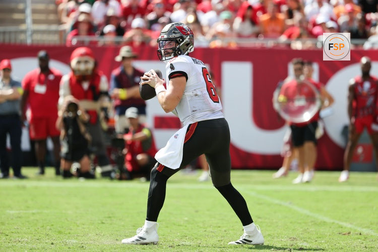 Sep 28, 2025; Tampa, Florida, USA; Tampa Bay Buccaneers quarterback Baker Mayfield (6) throws the ball during the second half against the Philadelphia Eagles  at Raymond James Stadium. Credit: Kim Klement Neitzel-Imagn Images
