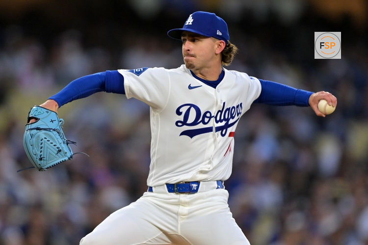 Apr 13, 2026; Los Angeles, California, USA; Los Angeles Dodgers pitcher Justin Wrobleski (70) throws a pitch against the New York Mets during the first inning at Dodger Stadium. Credit: Jayne Kamin-Oncea-Imagn Images