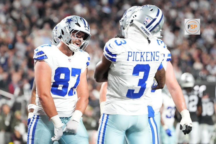 Nov 17, 2025; Paradise, Nevada, USA; Dallas Cowboys tight end Jake Ferguson (87) reacts after scoring a touchdown during the first half against the Las Vegas Raiders at Allegiant Stadium. Credit: Stephen R. Sylvanie-Imagn Images