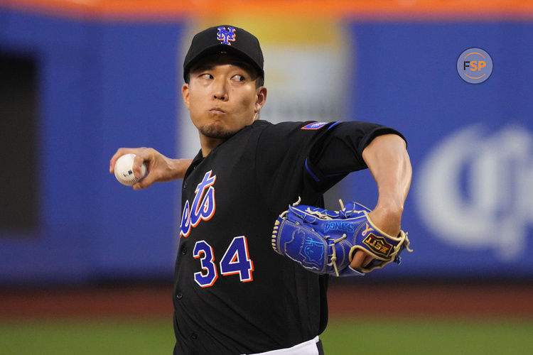 FLUSHING, NY - AUGUST 25: New York Mets Pitcher Kodai Senga (34) delivers a pitch during the first inning of a Major League Baseball game between the Los Angeles Angels and the New York Mets on August 25, 2023, at Citi Field in Flushing, NY. (Photo by Gregory Fisher/Icon Sportswire)