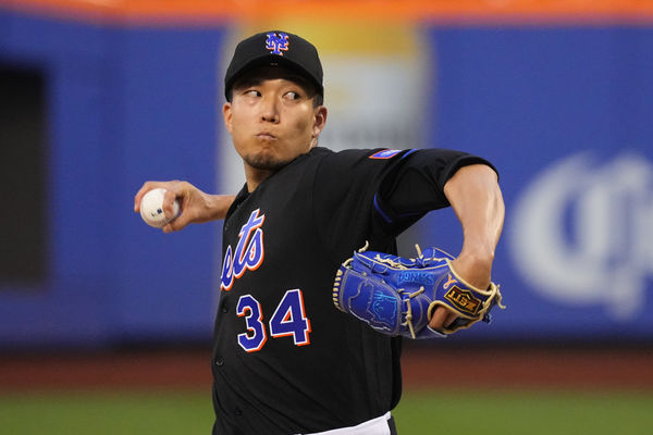 FLUSHING, NY - AUGUST 25: New York Mets Pitcher Kodai Senga (34) delivers a pitch during the first inning of a Major League Baseball game between the Los Angeles Angels and the New York Mets on August 25, 2023, at Citi Field in Flushing, NY. (Photo by Gregory Fisher/Icon Sportswire)