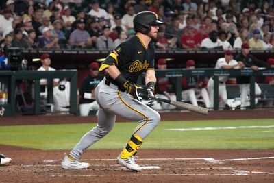 May 7, 2026; Phoenix, Arizona, USA; Pittsburgh Pirates right fielder Ryan O'Hearn (29) hits an RBI single against the Arizona Diamondbacks in the fifth inning at Chase Field. Mandatory Credit: Rick Scuteri-Imagn Images