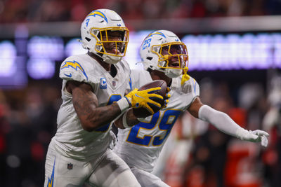 Dec 1, 2024; Atlanta, Georgia, USA; Los Angeles Chargers safety Derwin James Jr. (3) celebrates after an interception with cornerback Tarheeb Still (29) against the Atlanta Falcons in the fourth quarter at Mercedes-Benz Stadium. Mandatory Credit: Brett Davis-Imagn Images