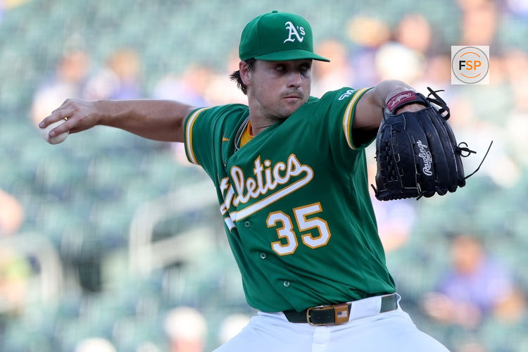 Aug 26, 2026; West Sacramento, California, USA;  Athletics starting pitcher J.T. Ginn (35) throws a pitch against the Minnesota Twins during the first inning at Sutter Health Park.  Credit: Dennis Lee-Imagn Images