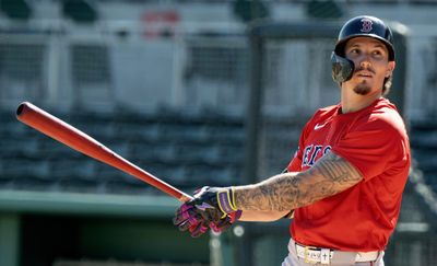 Feb 17, 2025; Lee County, FL, USA;  Boston Red Sox Jarren Duran (16) watches a foul ball during spring training at Jet Blue Park at Fenway South. Photo Credit: Chris Tilley-Imagn Images 